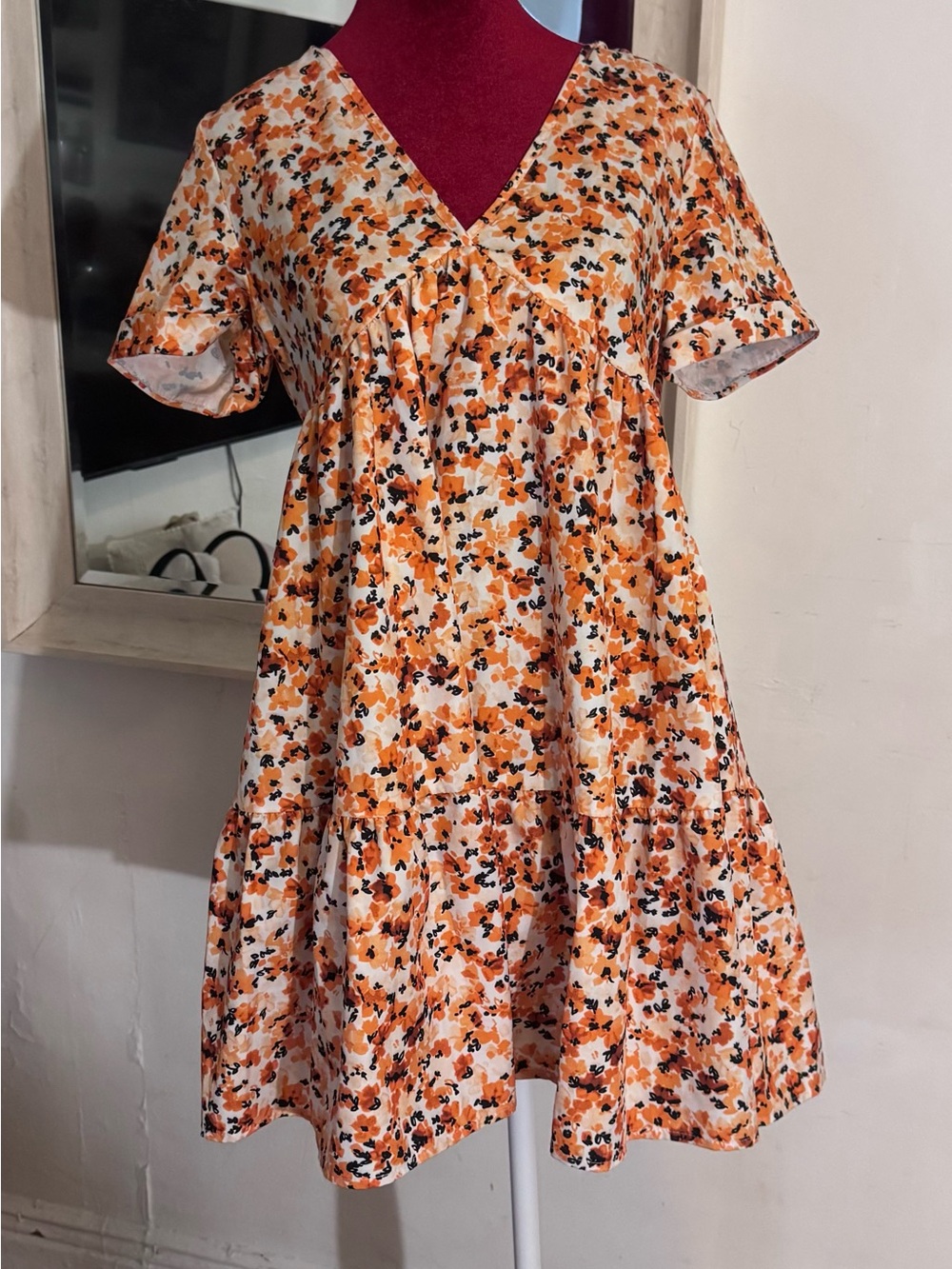 Orange Floral Short Sleeve V-Neck Tiered Dress